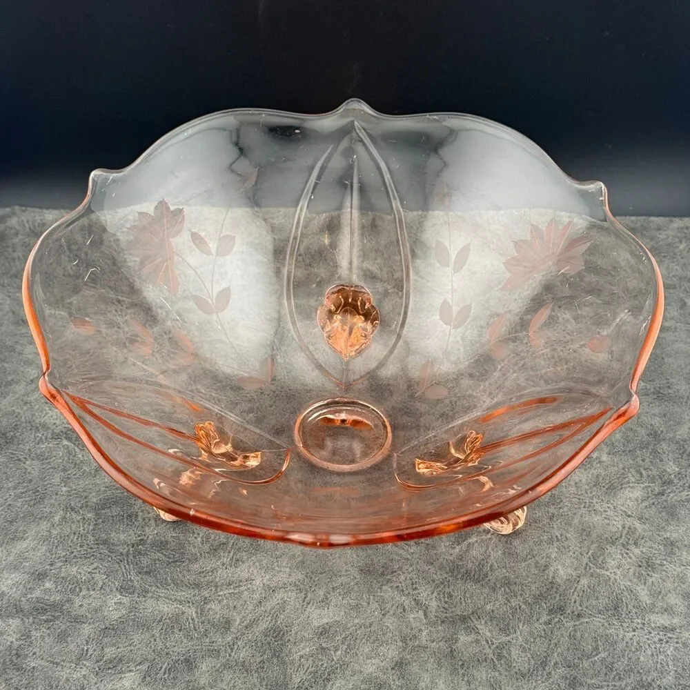 8.25 Footed Lancaster Jubilee Pink Depression Glass Floral Etched Bowl 1930s VTG